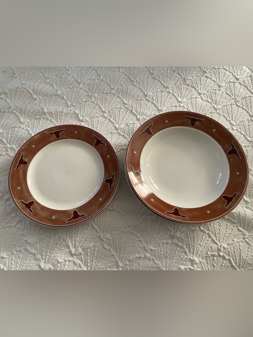 M & F Western Moments Chaparral 3 Plates 2 Bowls Steers Stars Longhorns